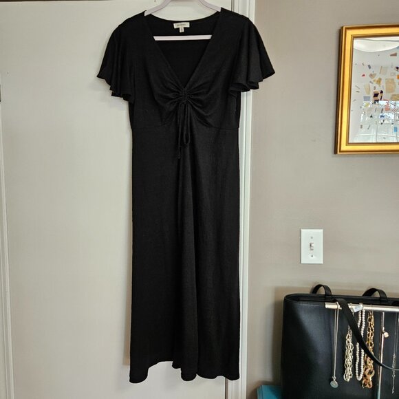 Max Studio Women’s Cinched Front Flutter Sleeve Midi Dress - Black, Size L - Picture 1 of 8